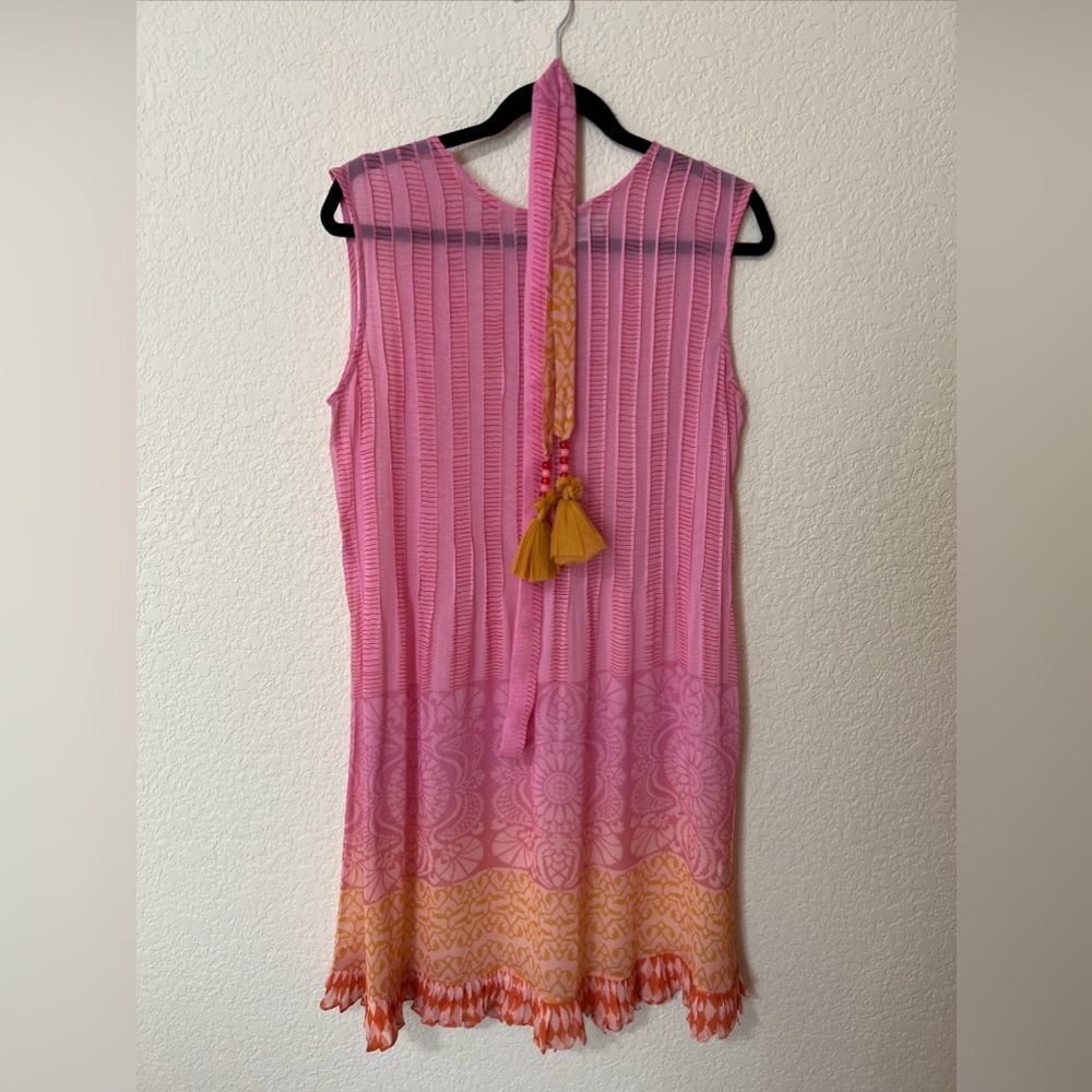Anthropologie Niki Tlanapan Lucille Sheer Dress Sz XS Pink Tussle Tie Belt Boho